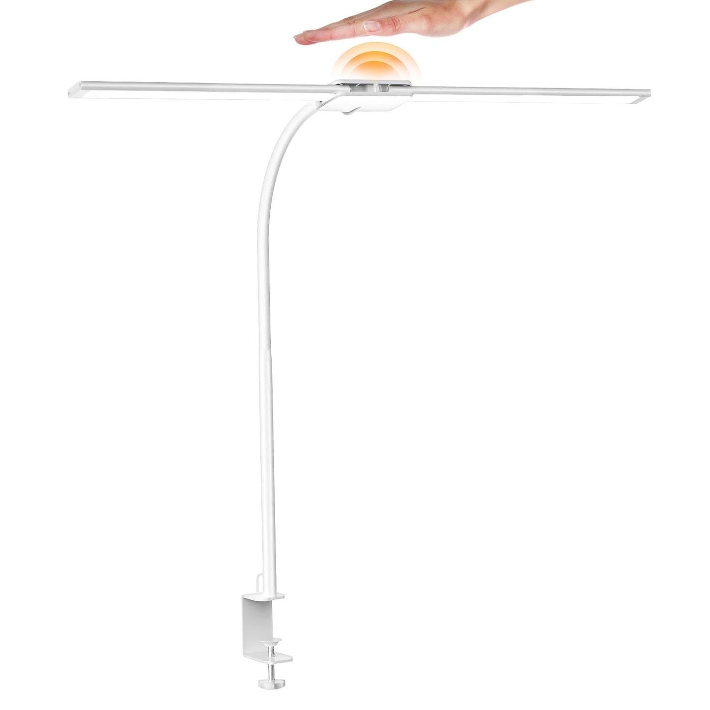 Syrinx LED Desk Lamp, Dual Head Desk Light with Clamp, 50 Lighting Modes Eye-Caring Table Lamp, Flexible Gooseneck Task Light with Motion Sensor, Wired Control, Timer & Memory Function for Home Office