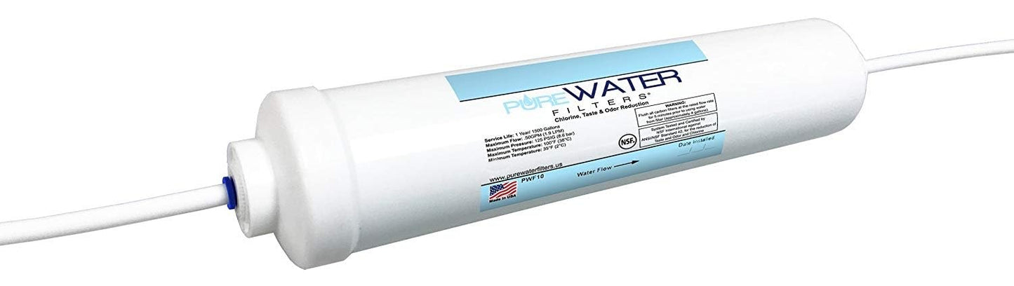 PureWater Filters Inline Water Filter Kit for Ice Maker with 1/4-Inch Direct Quick-Connect Fittings, Tubing and a T-Connector