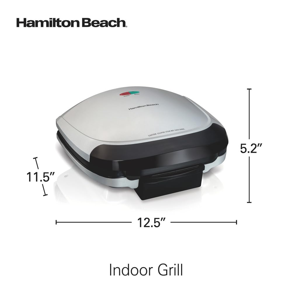 Hamilton Beach Electric Indoor Grill, 6-Serving, Large 90 sq. in. Nonstick Easy Clean Plates, Floating Hinge for Thicker Foods, 1200 Watts, 6.38"D x 12.68"W x 13.78"H , Silver (25371)