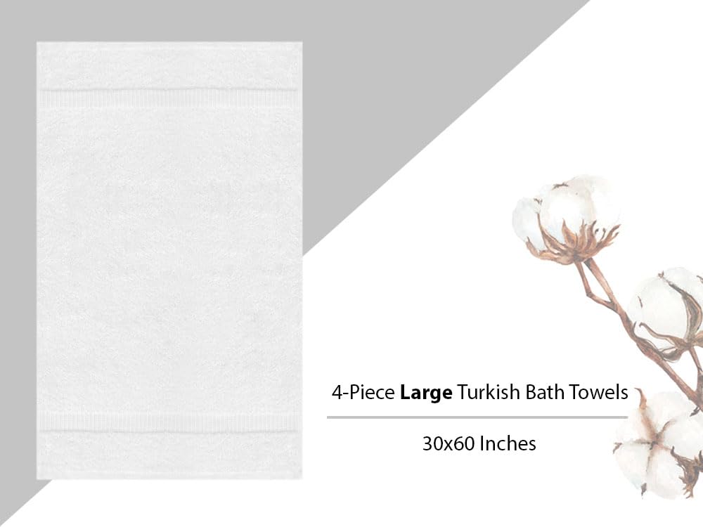 Towel Bazaar 4-Piece Extra Large Bath Towel Set, 100% Premium Cotton Turkish Towels, 30x60 Luxury Towel Super Soft and Absorbent, Perfect Use for Bathroom, Shower Towels - White