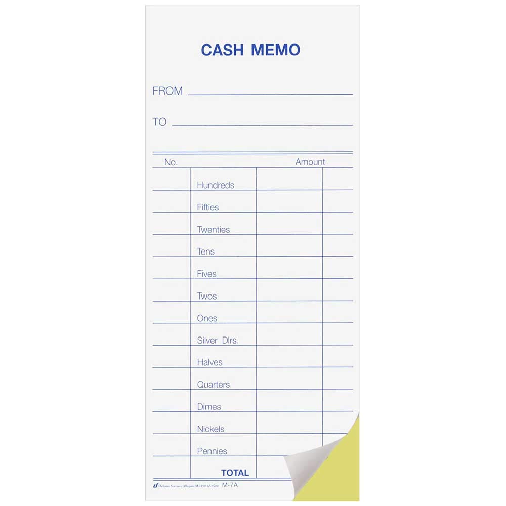 2-Part Carbonless Cash Transfer Memo Pads 2.75 x 6.25 Inches with Stub Pack of 500 White and Canary Duplicate Pages Blue Ink Detailed Cash Transaction Form