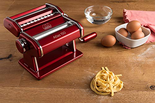 MARCATO Atlas 150 Machine, Made in Italy, Red, Includes Pasta Cutter, Hand Crank, and Instructions