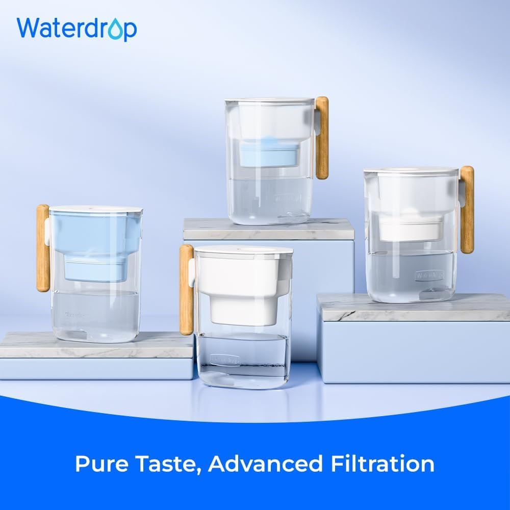 Waterdrop PT-04B 10-Cup Water Filter Pitcher with 4 Filters, NSF Certified, 800-Gallon Long-Life Filter, 5X Longer Filter Life, Reduces PFOA/PFOS and Chlorine, BPA-Free, Sturdy Wooden Handle, Blue