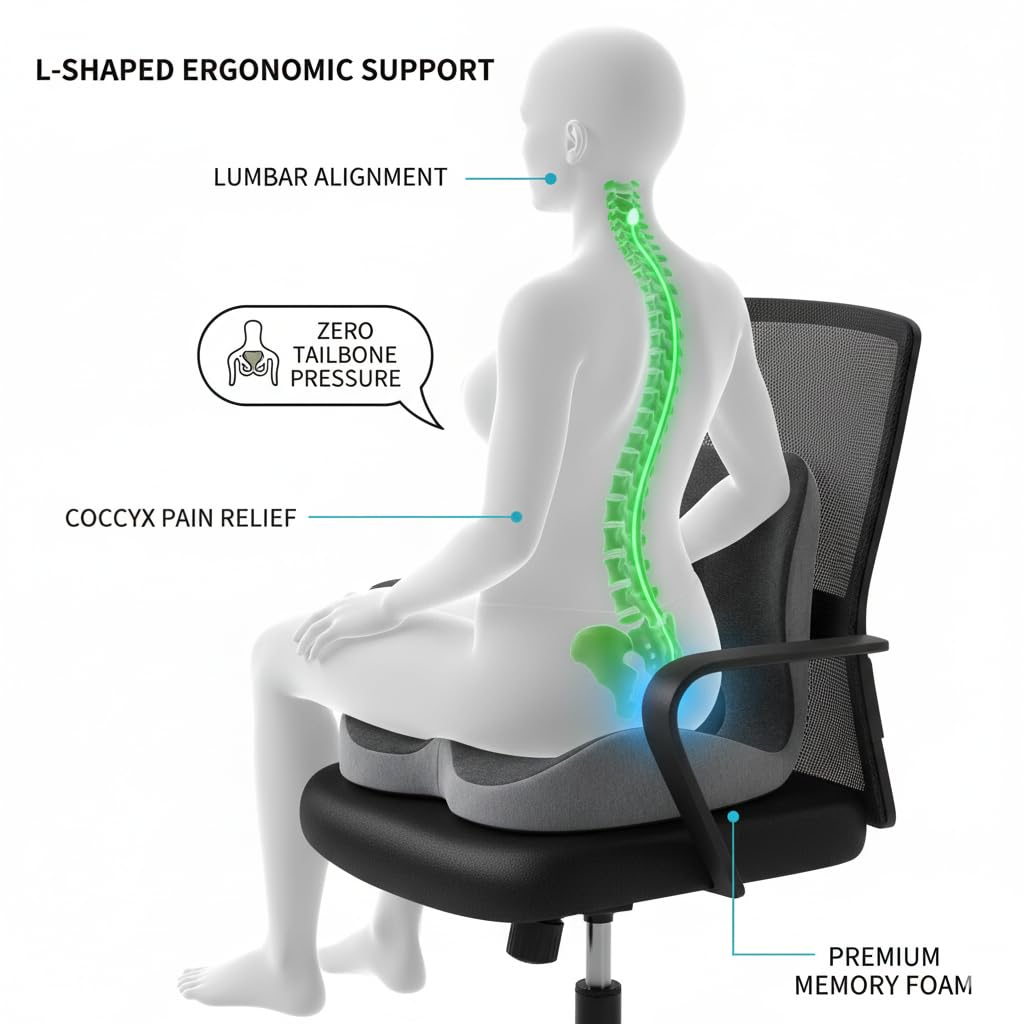Memory Foam Seat Cushion for Office Chair & Car Seat, Ergonomic Coccyx Cushion for Pressure Relief & Back Support, Non-Slip Comfort Cushion for Driving, Wheelchair, Desk Chair, Home & Travel