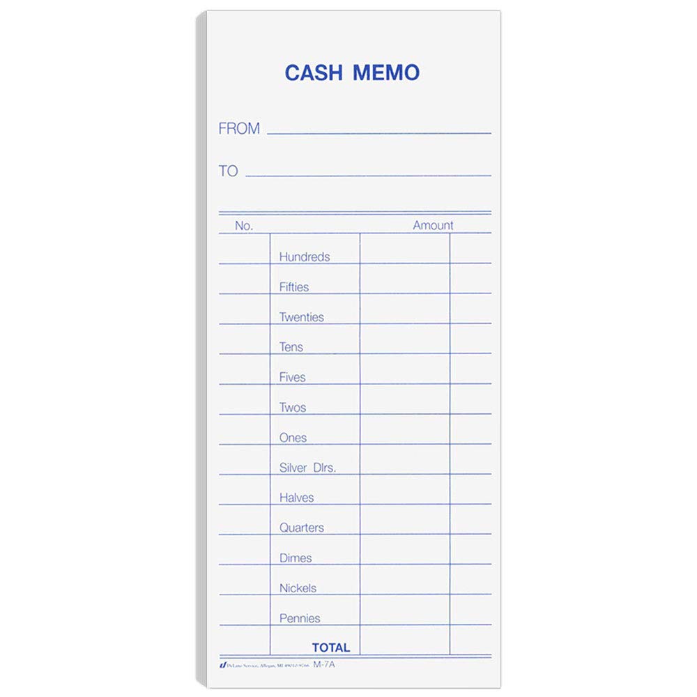 BankSupplies Cash Memo 2.75 W x 6.25 H Pack of 1000 Padded Form Blue Ink White Background to & from Details