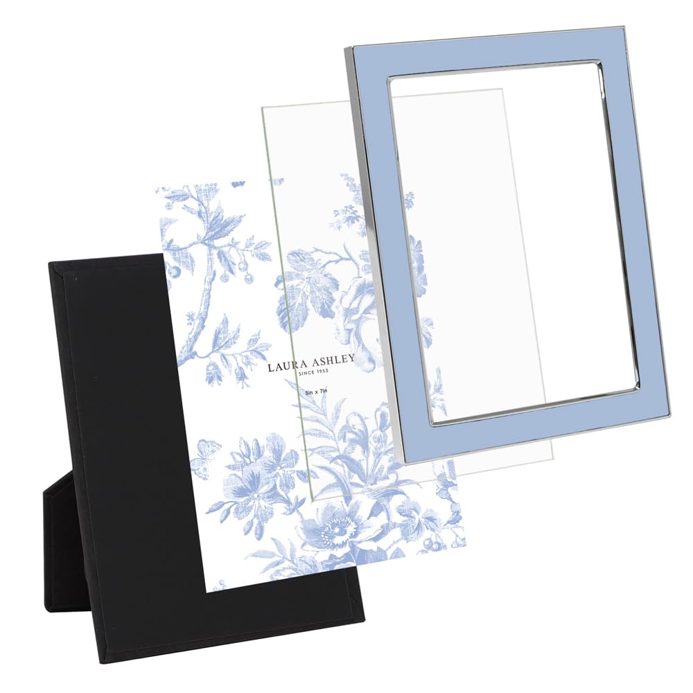 Laura Ashley 5x7 Cashmere Blue Enamel Picture Frame, Silver Metal Edge with Easel, for Countertop, Tabletop Display, Bookshelf, Desk, Wall Décor, Photo Gallery (5x7, Cashmere Blue W/Silver)
