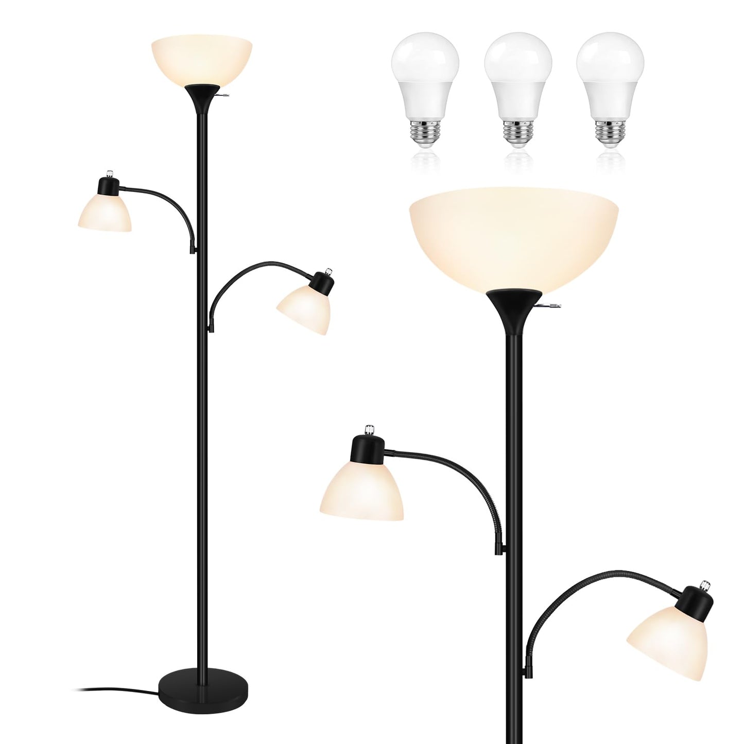 Luvkczc Floor Lamps for Living Room, 72" Tall Torchiere Floor Lamp with 8W Adjustable Reading Lights, Industrial Lamps for Living Room, Bedroom, Office, Black Tree Floor Lamp【3 Bulbs Included】