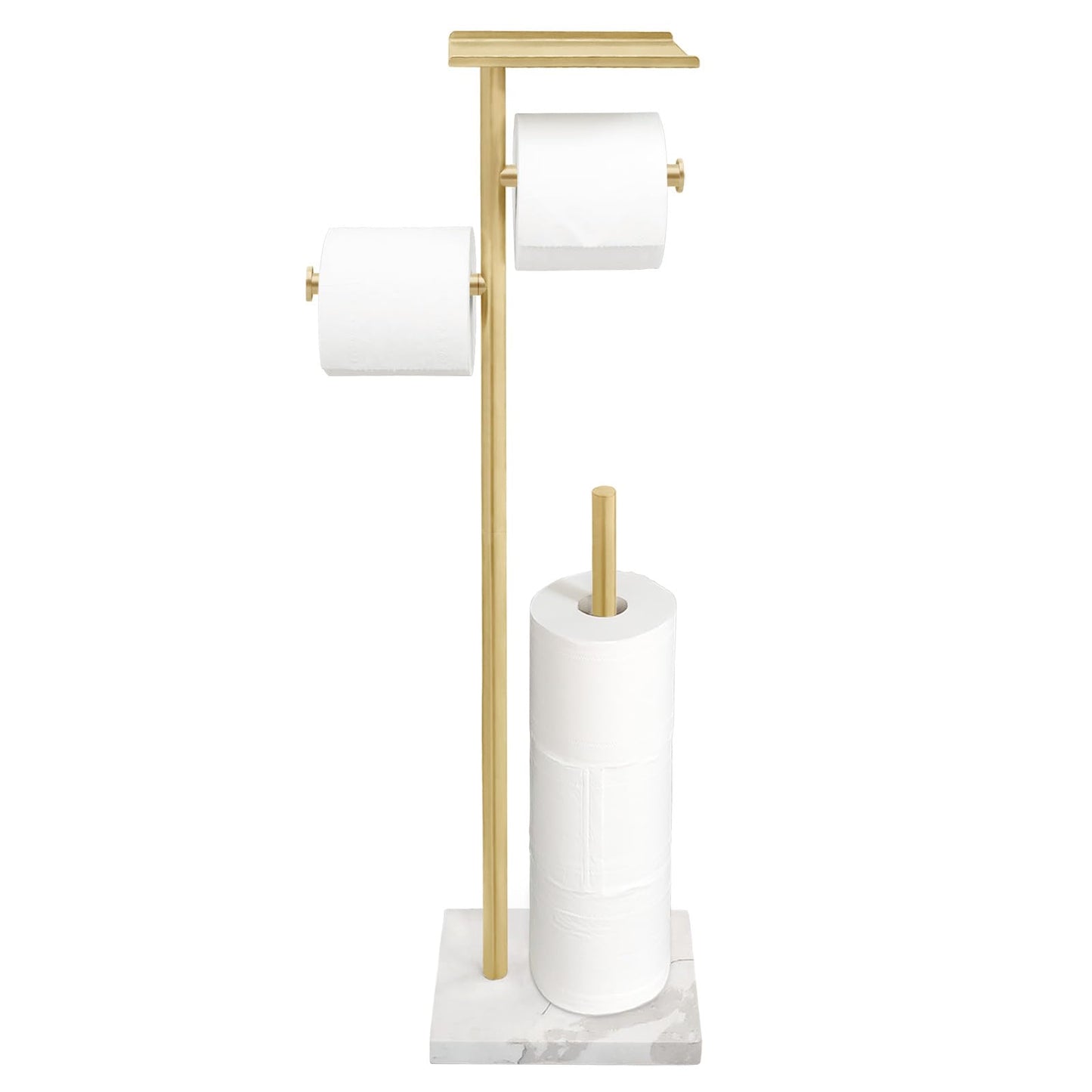 GZILA Brushed Gold Toilet Paper Stand Holder with Shelf, Marble Design Base Free Standing Toilet Paper Roll Holder with 2 Dispenser SUS 304 Stainless Steel Reserve, Storage 5 Rolls