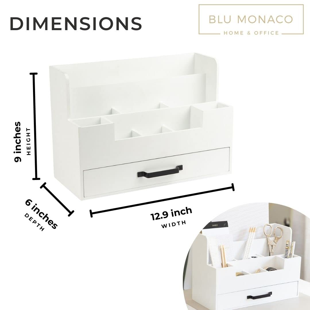 BLU MONACO White Wooden Desk Organizer With Drawer | Desktop Storage With Drawers | Multi-Compartment Desk Caddy for Home Office | 5.7βD x 12.9βW x 9βH Tabletop Accessory Holder
