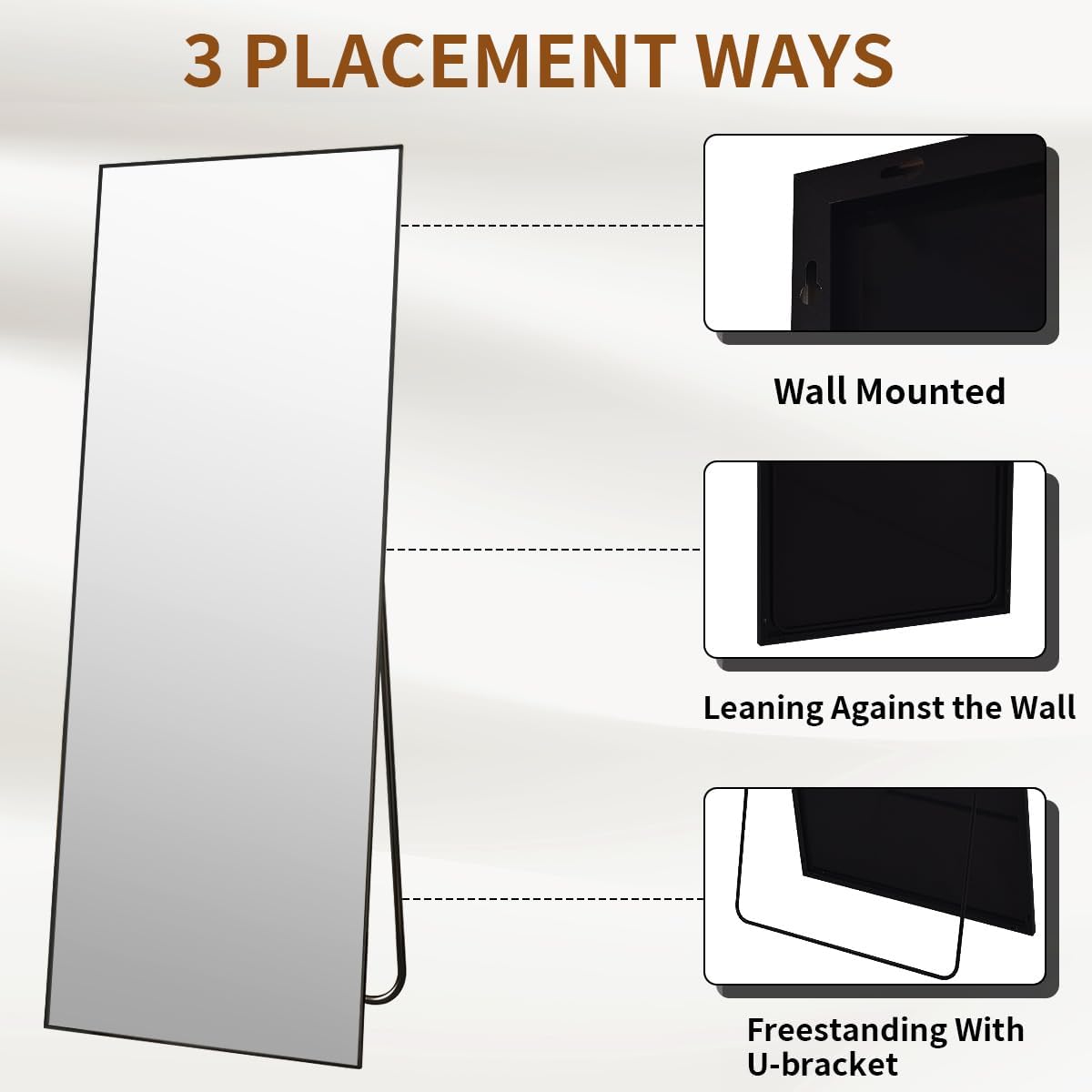 VooBang Mirror Full Length - 21" x 57" Floor Mirror with Stand, Aluminum Alloy Frame Full Body Mirror, Standing Hanging or Leaning Against Wall for Bedroom and Living Room, Black