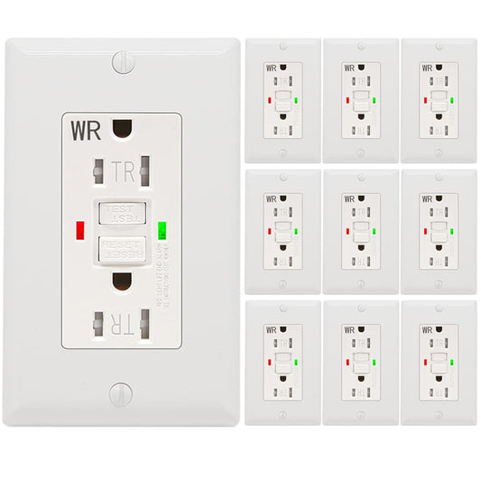 10 Pack - POWAWINI GFCI Outlet 15 Amp, UL Listed, Self-Test GFI Receptacles, TamperResistant, Weather Resistant, LED Indicator, with Decor Wall Plates and Screws, Indoor or Outdoor Use (White)