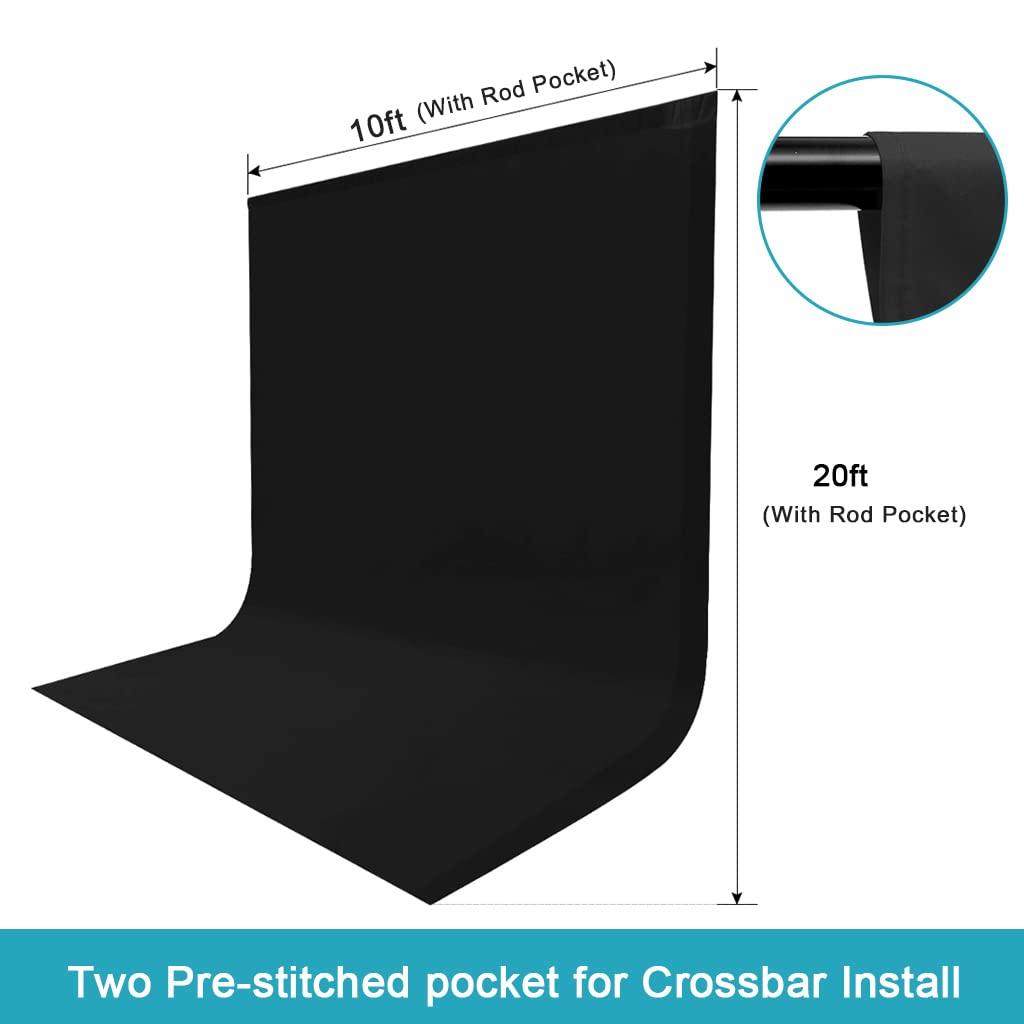 10X20ft Black Photo Backdrops for Photography, LCUIRC Two Rod Pocket Backdrops Curtain for Parties, Polyester Fabric Background with 4 Clamps for Product Protrait Photoshoot or Parties Decoration
