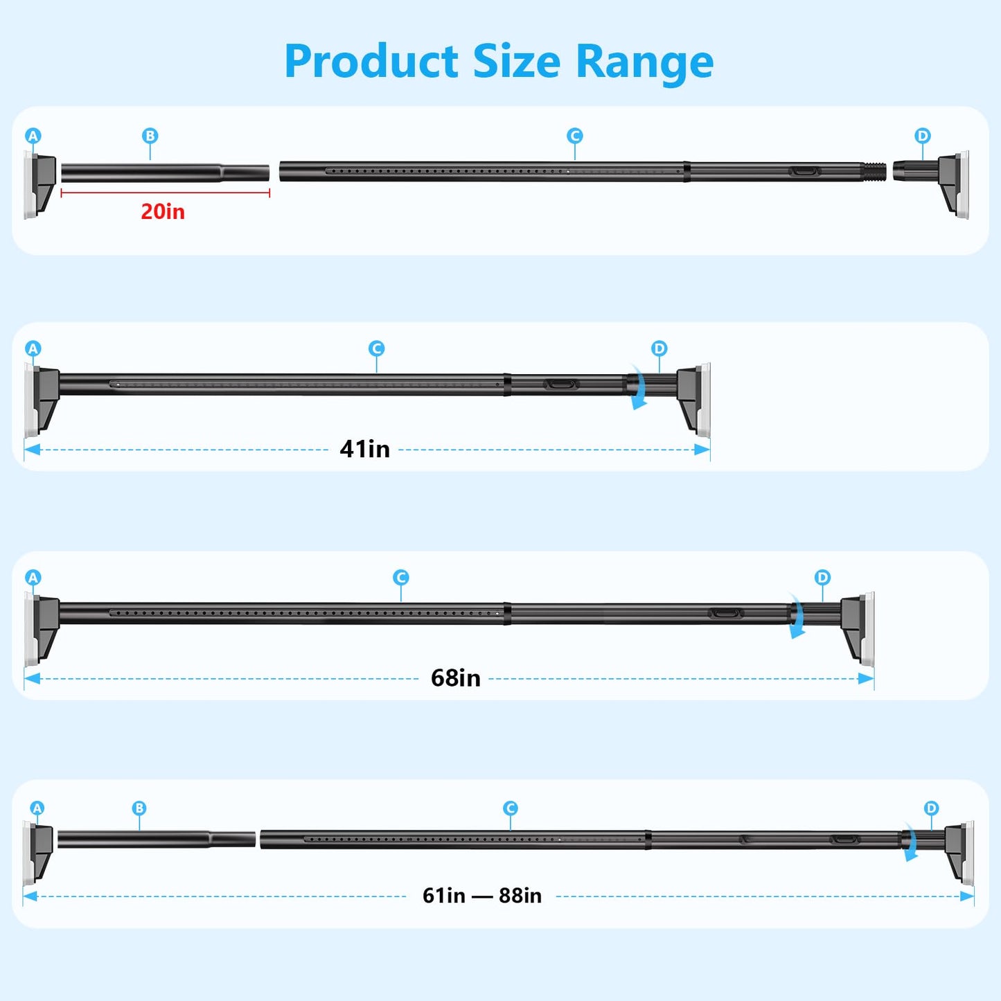 FADOTY Tension Curtain Rods No Drilling, Extra Long Tension Rod 41-88 Inch, Heavy Duty Shower Curtain Rod for Outdoor Patio Bathroom Windows Room Divider, Adjustable, Anti-Slip, No Rust, Black