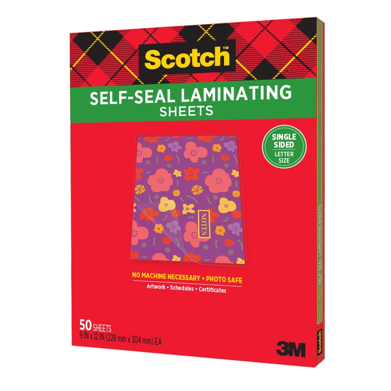 Scotch Self-Seal Laminating Sheets, Letter Size 9 in x 12 in, Single Sided, Pack of 50