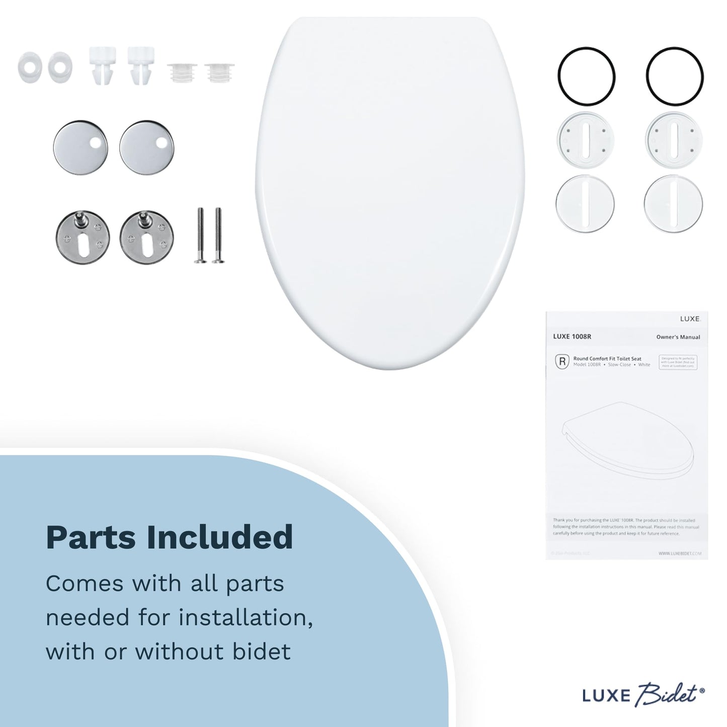 LUXE TS1008E Elongated Comfort Fit Toilet Seat with Slow Close, Quick Release Hinges, and Non-Slip Bumpers (White)