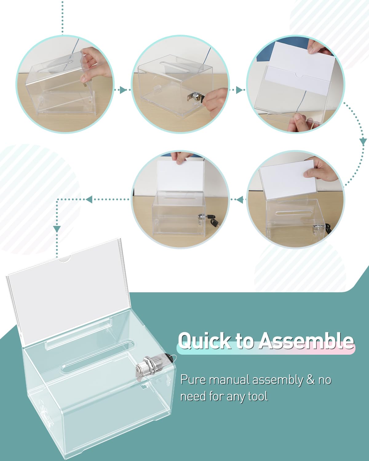 Uniclife 4 Pack Acrylic Donation Box with Lock and Sign Holder 6.2" x 4.7" x 4" Ballot Boxes with Slot Clear Plastic Suggestion Box Storage Container for Fundraising Voting Charity Tip Collection
