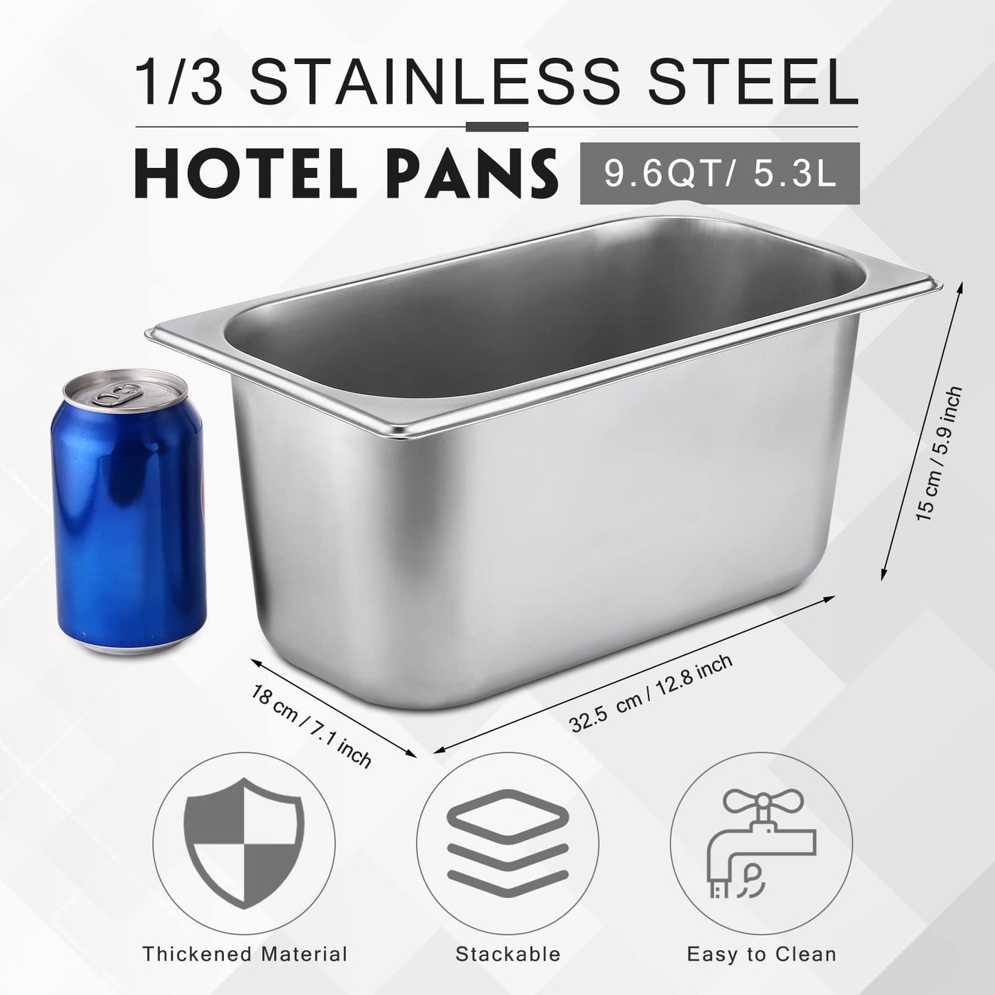 10 Pack Hotel Pans Stainless Steel Steam Table Pan 1/3 Size, 0.8 mm Thick Anti Jam Warming Pans for Food Warmer Restaurant Catering Supplies, 12.8 x 6.9 Inch(6 Inch Deep,Standard)