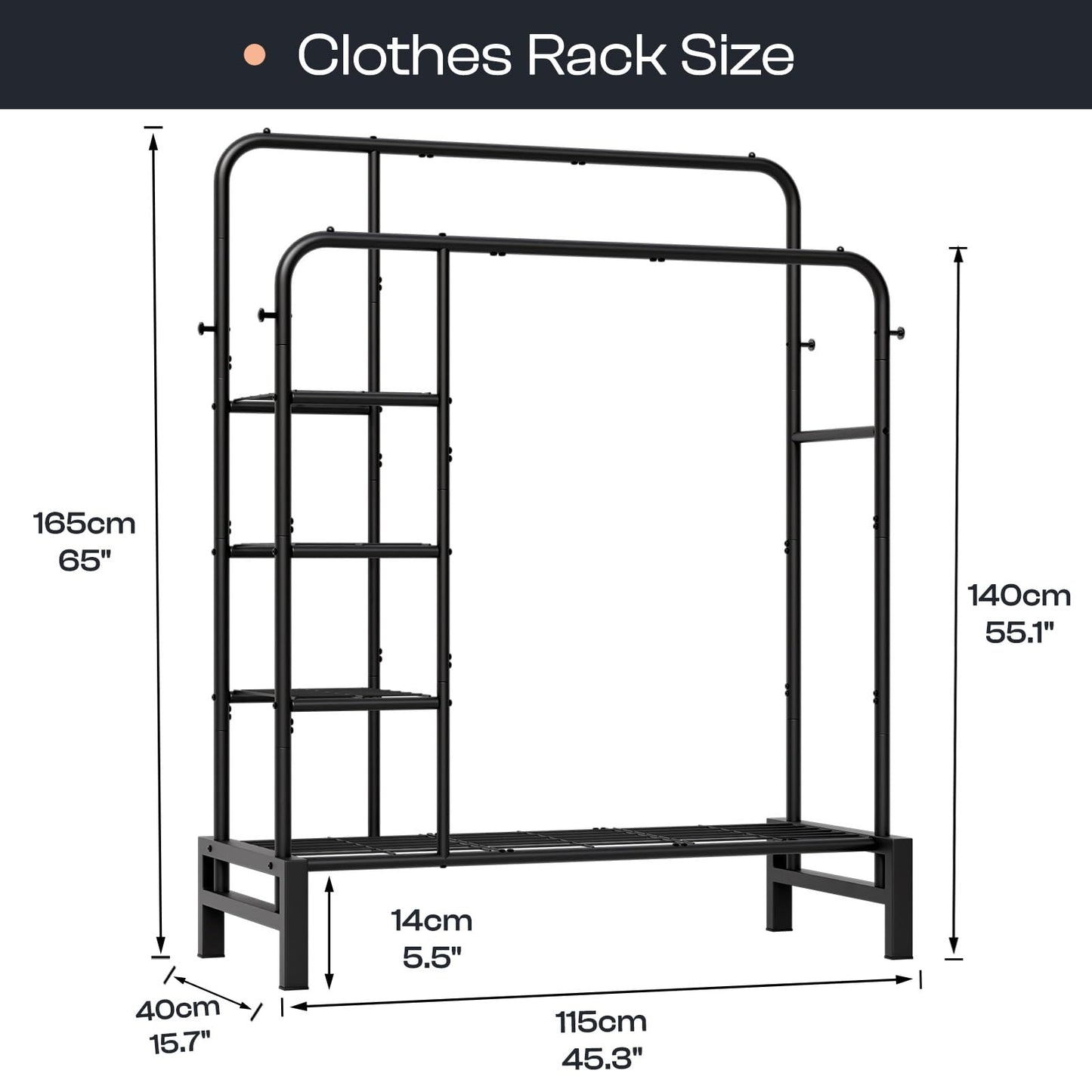 LZNIOZ Clothes Rack for Hanging Clothes, Double Rods Clothing Rack with 3 Tier Storage Shelves, Multifunctional Heavy Duty Garment Rack for Bedroom, Laundry, Wardrobe Closet, Black