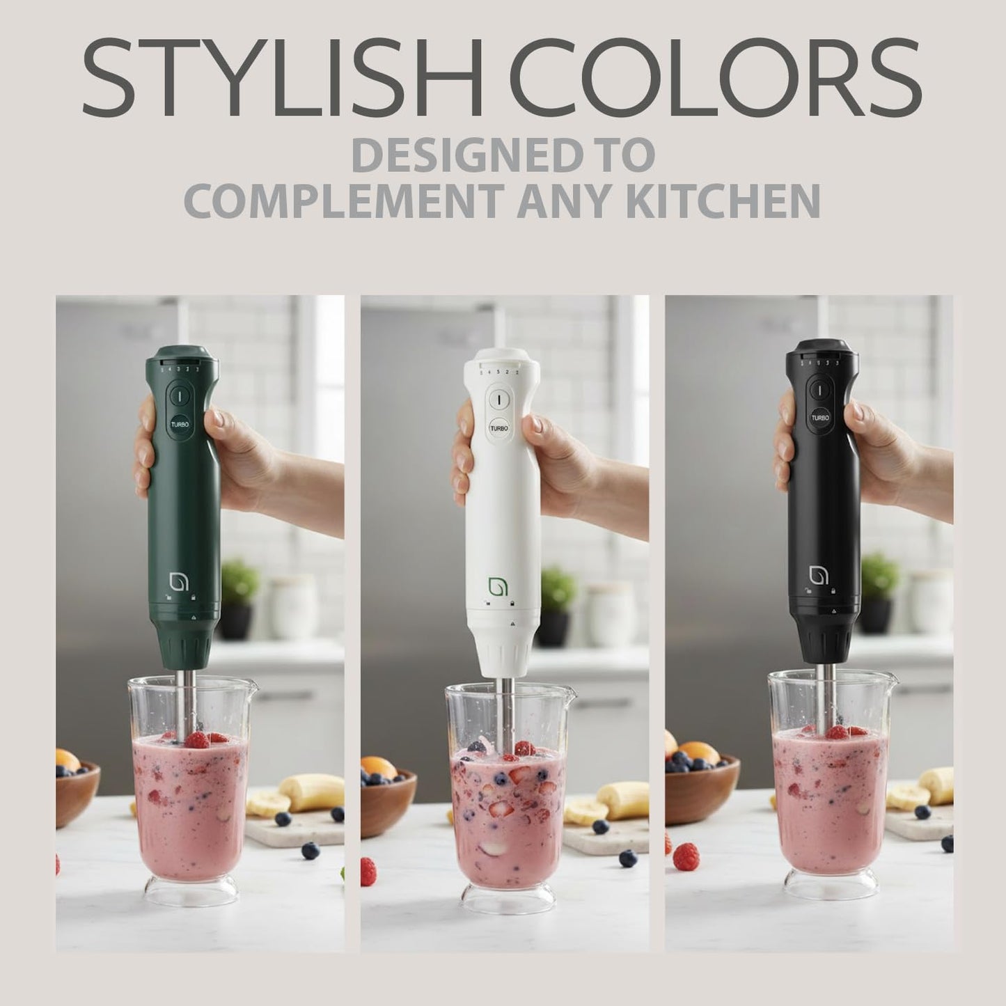 WILLOW Eco Series 5 Speed Immersion Blender Handheld, Powerful yet Quiet 500 Watt Electric Stick Blender with Turbo Mode & Removable Base, Hand Blender for Soup, Smoothie, 304 Stainless Steel - WHITE