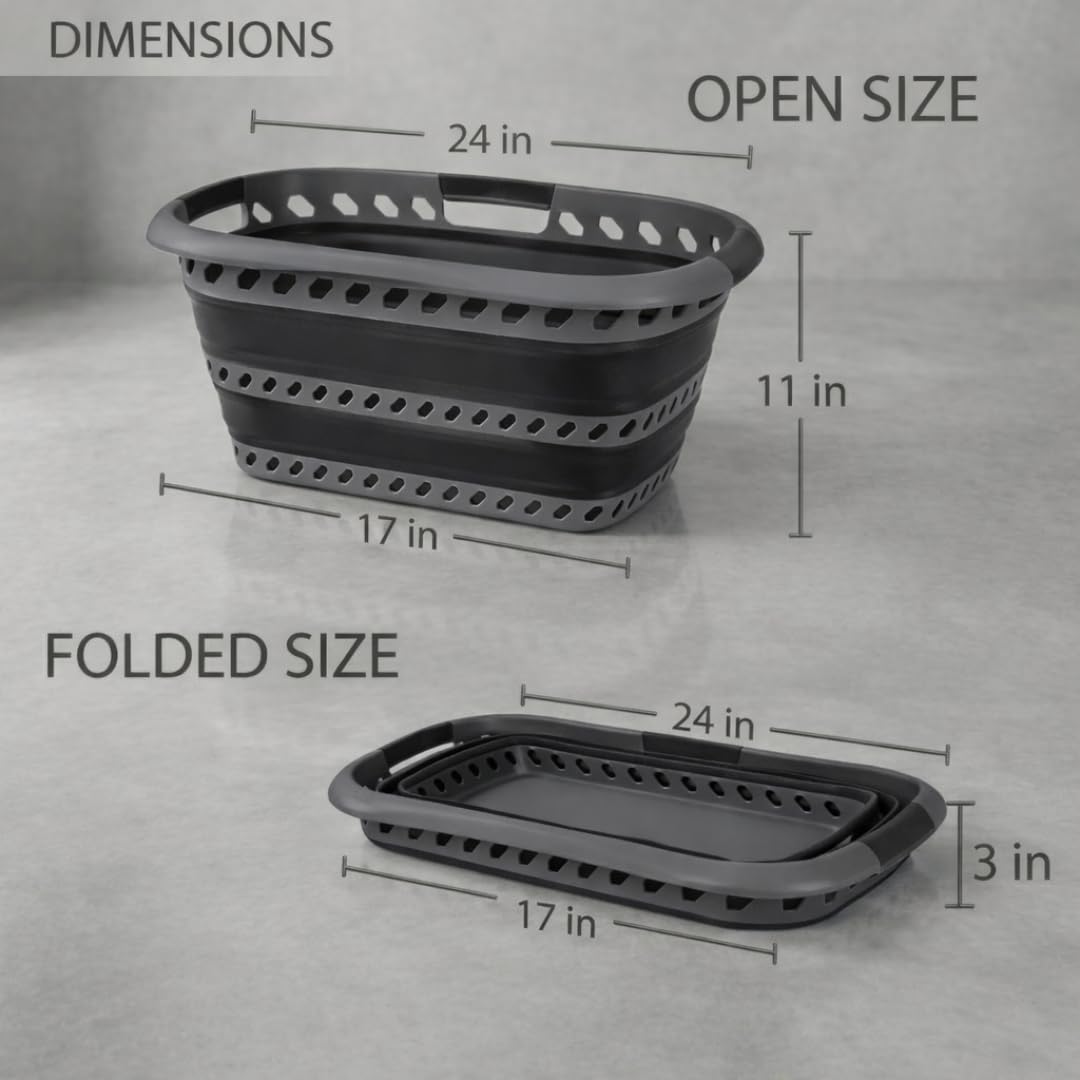 Laundry 360 Collapsible Laundry Basket 40L | Portable | Space Saver Storage | Hold 2 Loads | Store Under the Bed or Closet | Good for Kids | Dorm | Bedroom | Large | Grey/Black