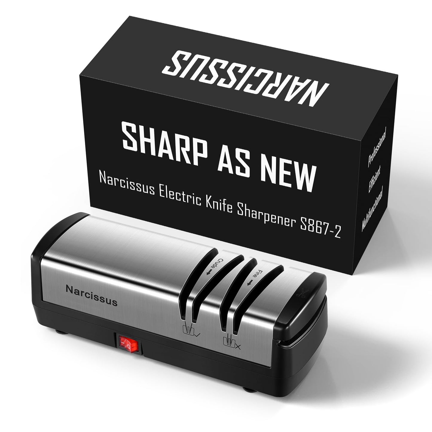 Narcissus Knife Sharpener, Diamond Abrasives Electric Knife Sharpener for Stainless Steel and Ceramic Knives, with Scissors Sharpener & Metal Dust Collection Box, Quick Sharpening & Polishing, Silver