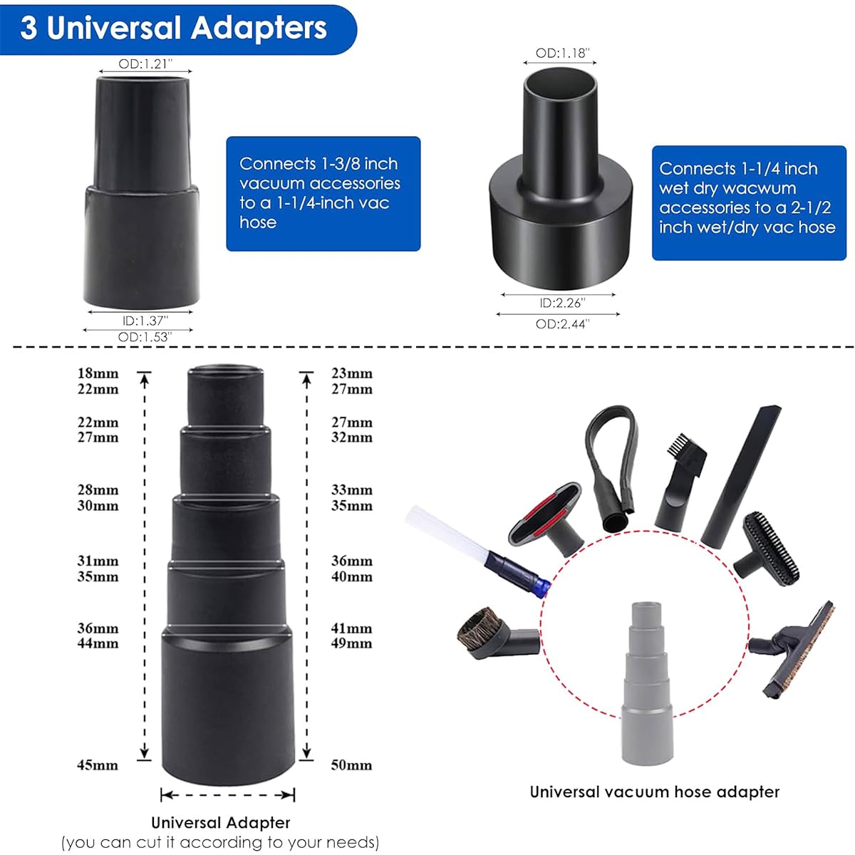 IN VACUUM 15 Pcs Universal Vacuum Attachments & Brushes for Shop Vac Accessories - 2 1/2" to 1 1/4" Hose Adapter for Shop Vac, 1 7/8" to 1" Vacuum Hose Adapter, 1 1/4" Shop Vacuum Cleaner Attachments