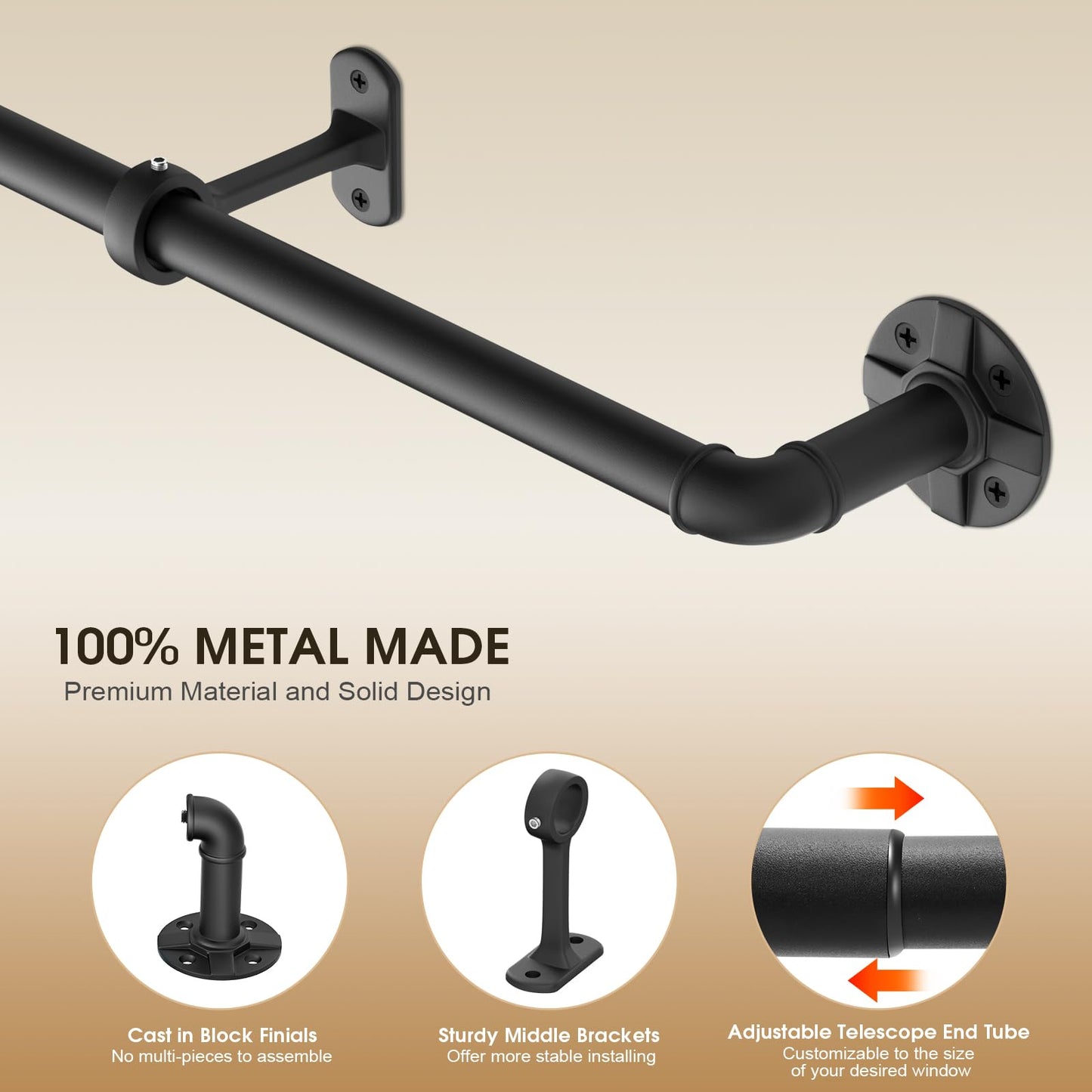 DOJUWIN Industrial Adjustable Blackout Curtain Rod 72-144 Inch - Heavy Duty Wrap Around Rod for Windows, Indoor/Outdoor Room Divider Drapery