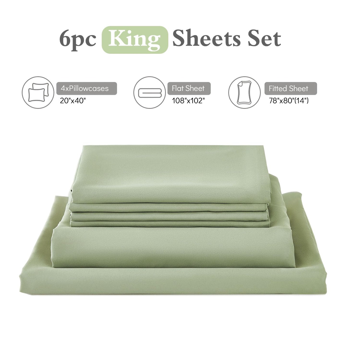 ILAVANDE Sage King Size Sheets Set 6 Piece,Super Soft 1800 Series Microfiber Bed Sheets King Set-Wrinkle & Fade Resistant-14“ Deep Pockets Sheets for King Size Bed(King,Sage Green)