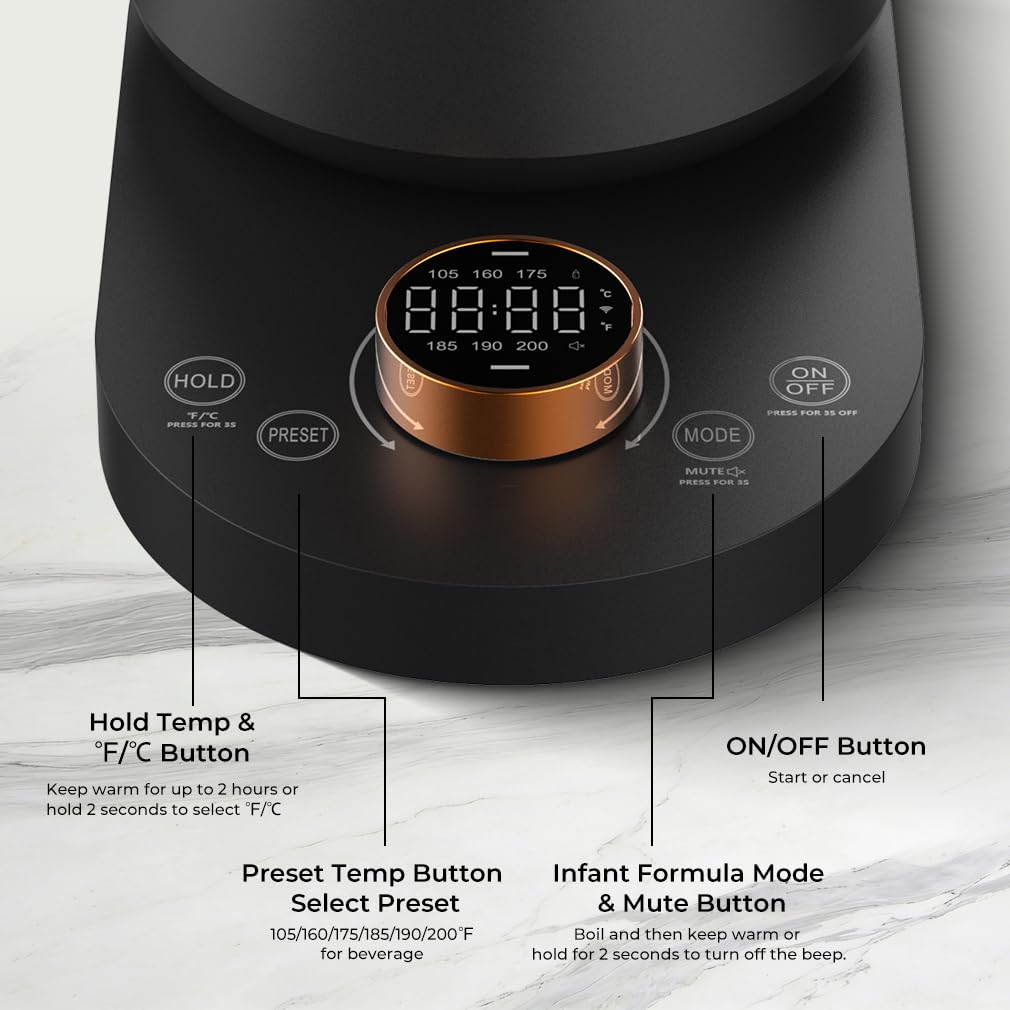 Onlicuf Electric Gooseneck Kettle with Temperature Control, 0.8L Pour Over Coffee, ±1°F Precision Heating, 7 Presets, Stainless Steel Inner, Electric Tea Kettle with 2H Keep Warm, Matte Black
