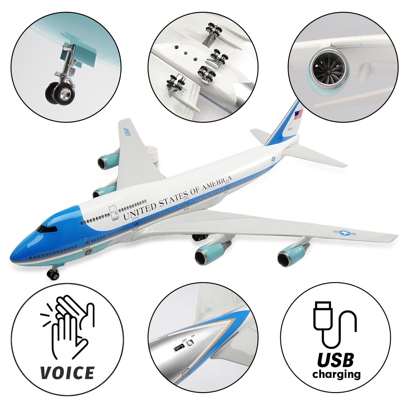 1/150 Scale Diecast Airplane US Airlines Boeing 747 Air Force Planes Model 18.5”Aircraft Model with Landing Gear Voice Control Cabin Light Aircraft Model for Collection