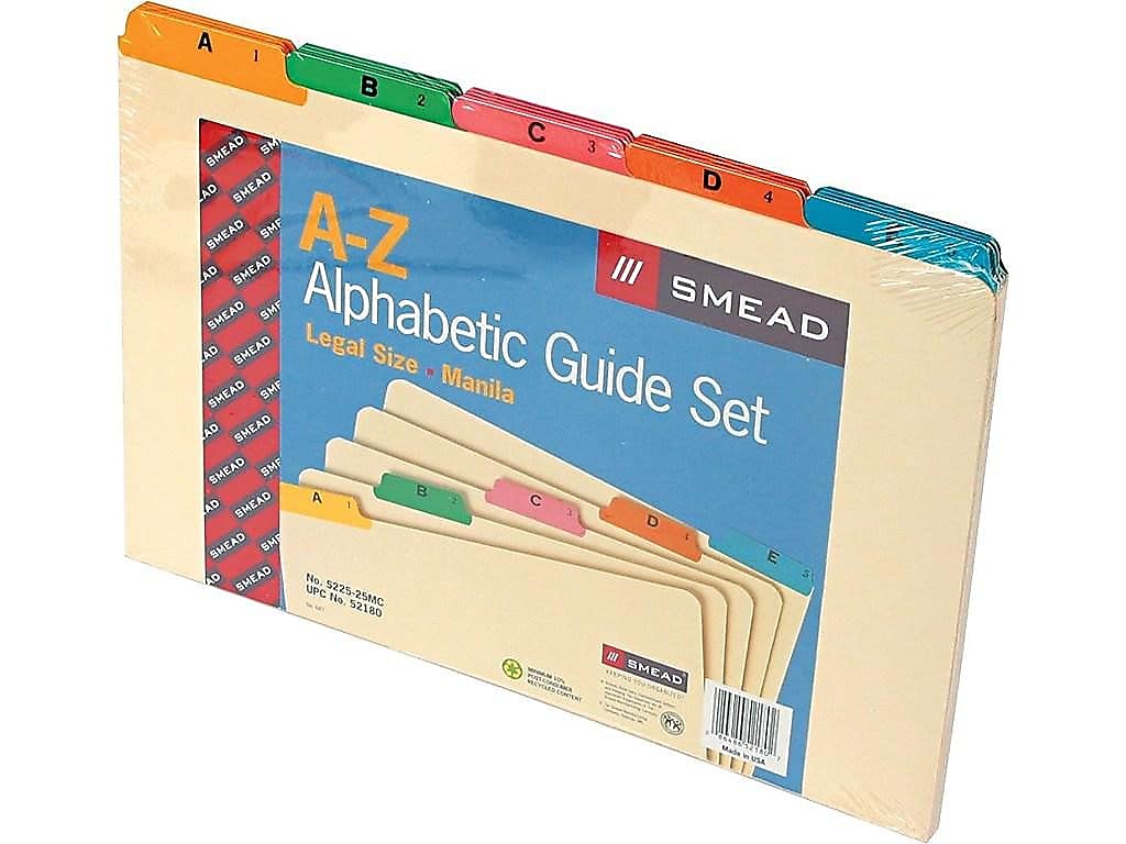 Smead 52180 Recycled Top Tab File Guides, Alpha, 1/5 Tab, Manila/Color, Legal (Set of 25)