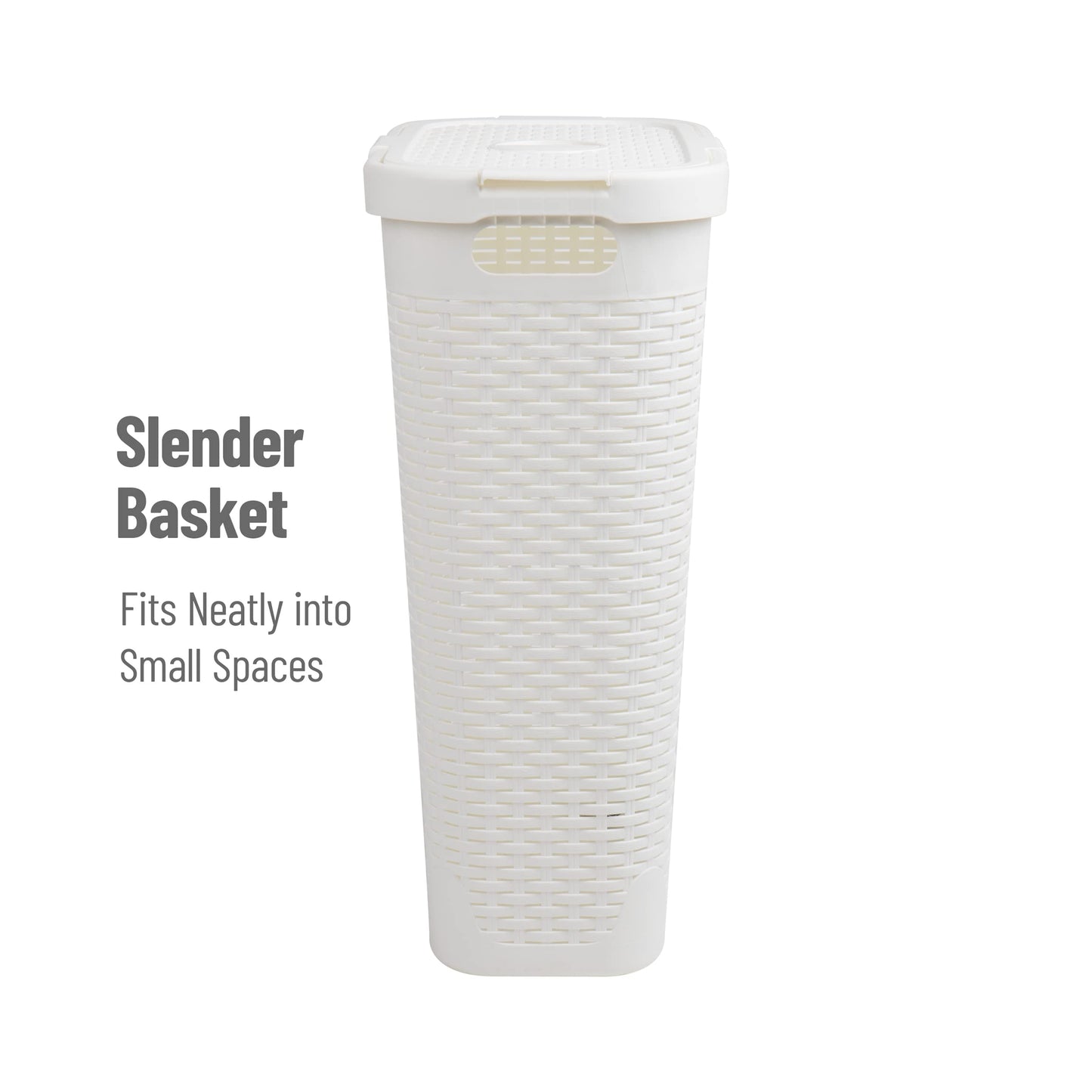 Mind Reader Slim Laundry Hamper with Lid, 40L Clothes Basket, Narrow Tapered Design with Ventilated Cutout Pattern, Plastic, White