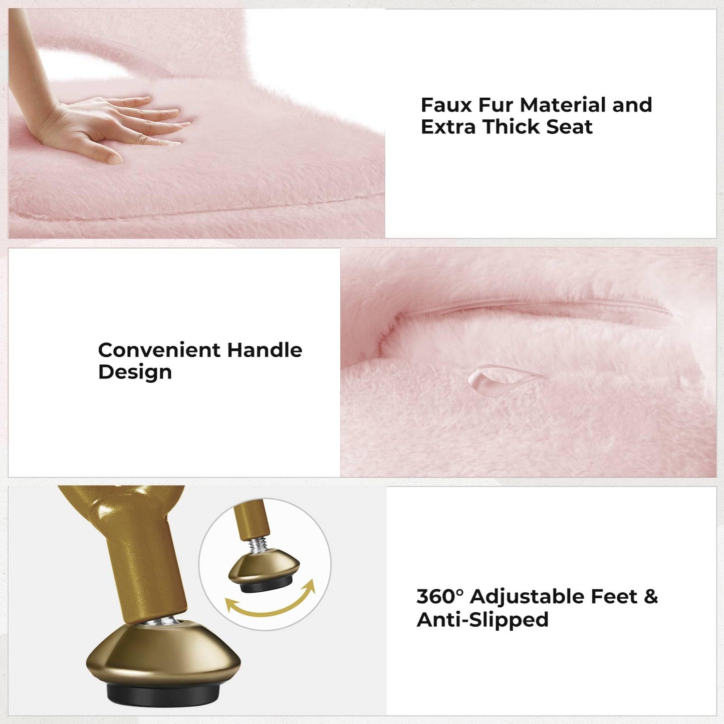 GREENSTELL Vanity Stool Chair with Storage and Folding Back, 13.4" x 15" x 30" Square Faux Fur Soft Ottoman, 4 Metal Legs with Anti-Slip Feet, Furry Padded Seat for Makeup, Bedroom, Pink