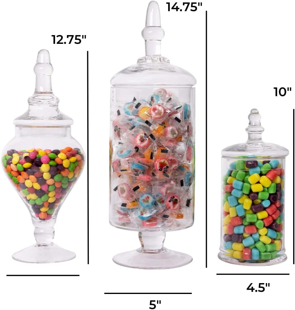 Mantello Glass Apothecary Jars with Lids - Set of 3 for Candy Buffet, Bathroom, Kitchen, Large