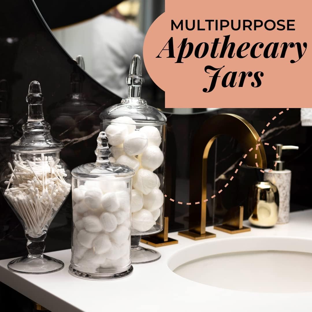 Mantello Glass Apothecary Jars with Lids - Set of 3 for Candy Buffet, Bathroom, Kitchen, Large