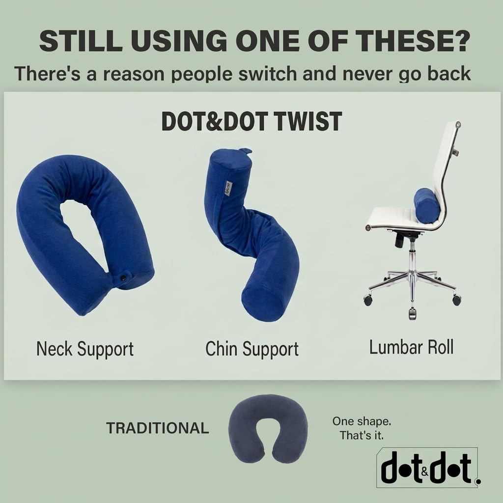 Dot&Dot Twist Memory Foam Travel Pillow for Airplanes - Travel Neck Pillow for Sleeping - Airplane Pillow for Neck Support - Adjustable, Bendable Neck Roll Pillow (Sapphire, One Size)