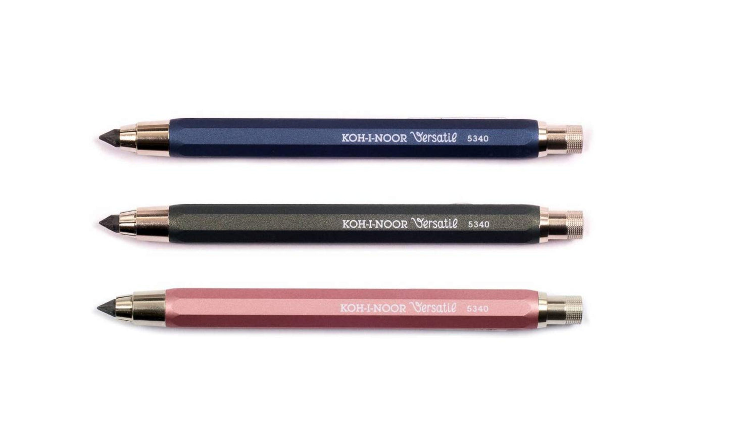 KOH-I-NOOR 5340 Versatil - Set of 3 metal mechanical clutch leadholder with lead sharpener, lead diameter 5.6 mm - blue and green and pink