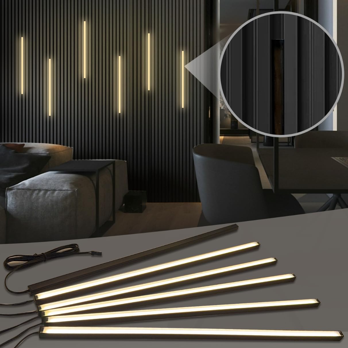 HAMRVL Black LED Recessed Lighting Kit - 6 PCS 16-Inch 3000k Dimmable Warm White LED Lights with Touch Switch, Wall Panel Light for Wood Slat Wall Panels, Headboards, Stairs, Under Cabinet, Home Decor