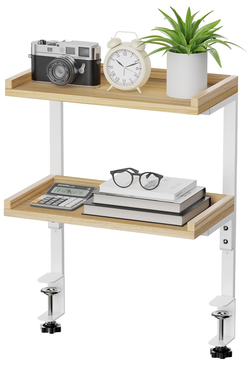 ART-GIFTREE Clamp On Desk Shelf 2-Tier, 12.5 inch Wood Shelving Unit for Office Desk/Gaming Accessories, Tabletop Book Storage Rack, Shelf for Top & Under of Desk, Natural
