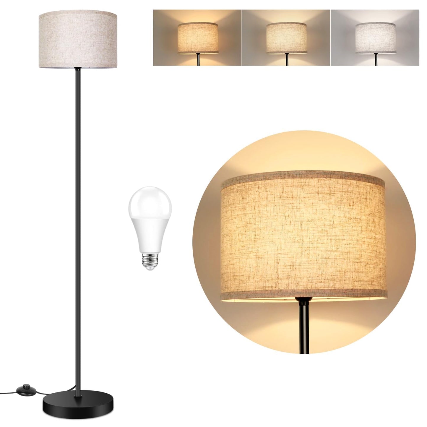 TOBUSA Floor Lamp for Living Room Bedroom with 3CCT LED Bulb, Modern Standing Lamp Drum Shade, 65’’ Tall with Foot Switch Black Pole, Dimmable Simple Design Stand Up Lamp for Home Office Reading