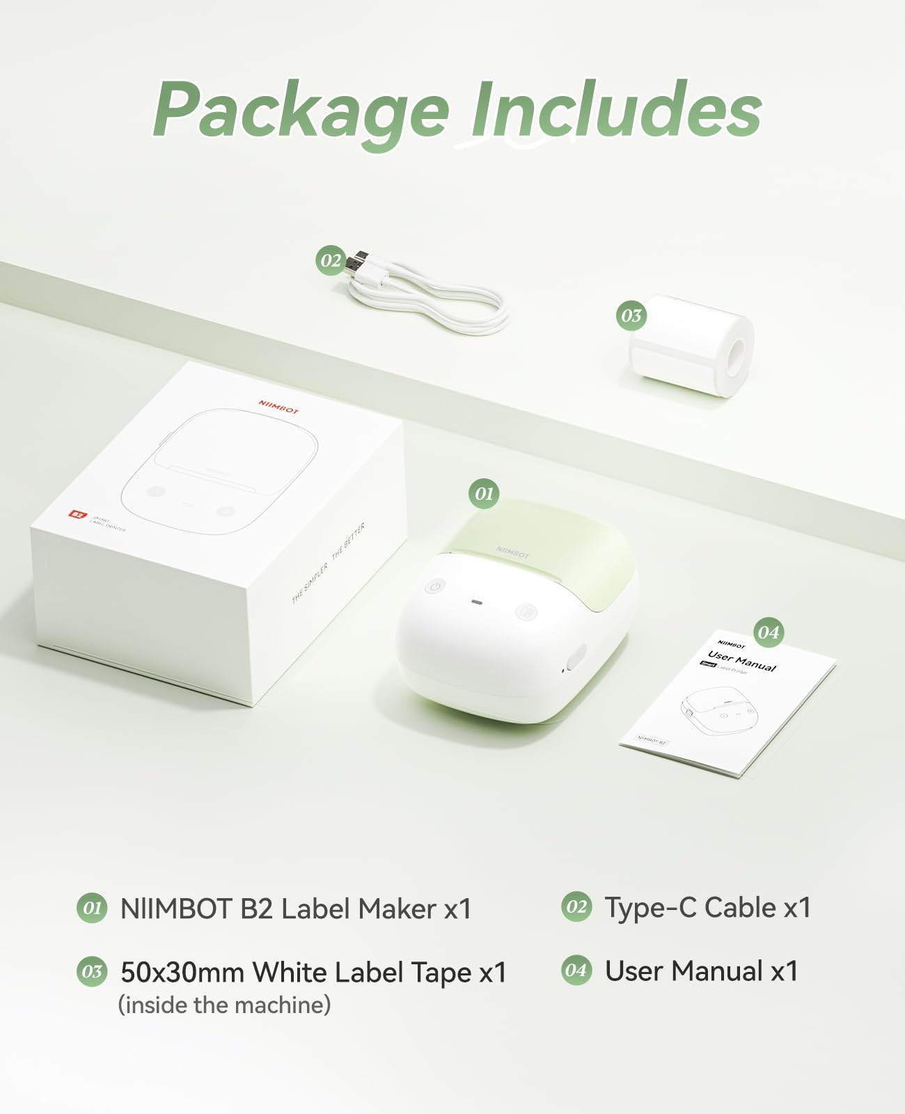 NIIMBOT B2 Label Maker Machine with Tape, Portable Bluetooth 2Inch Label Printer with Multiple Templates, Thermal Labeler for Home Kitchen Office Coffee Shop Bakery Organization, Green White