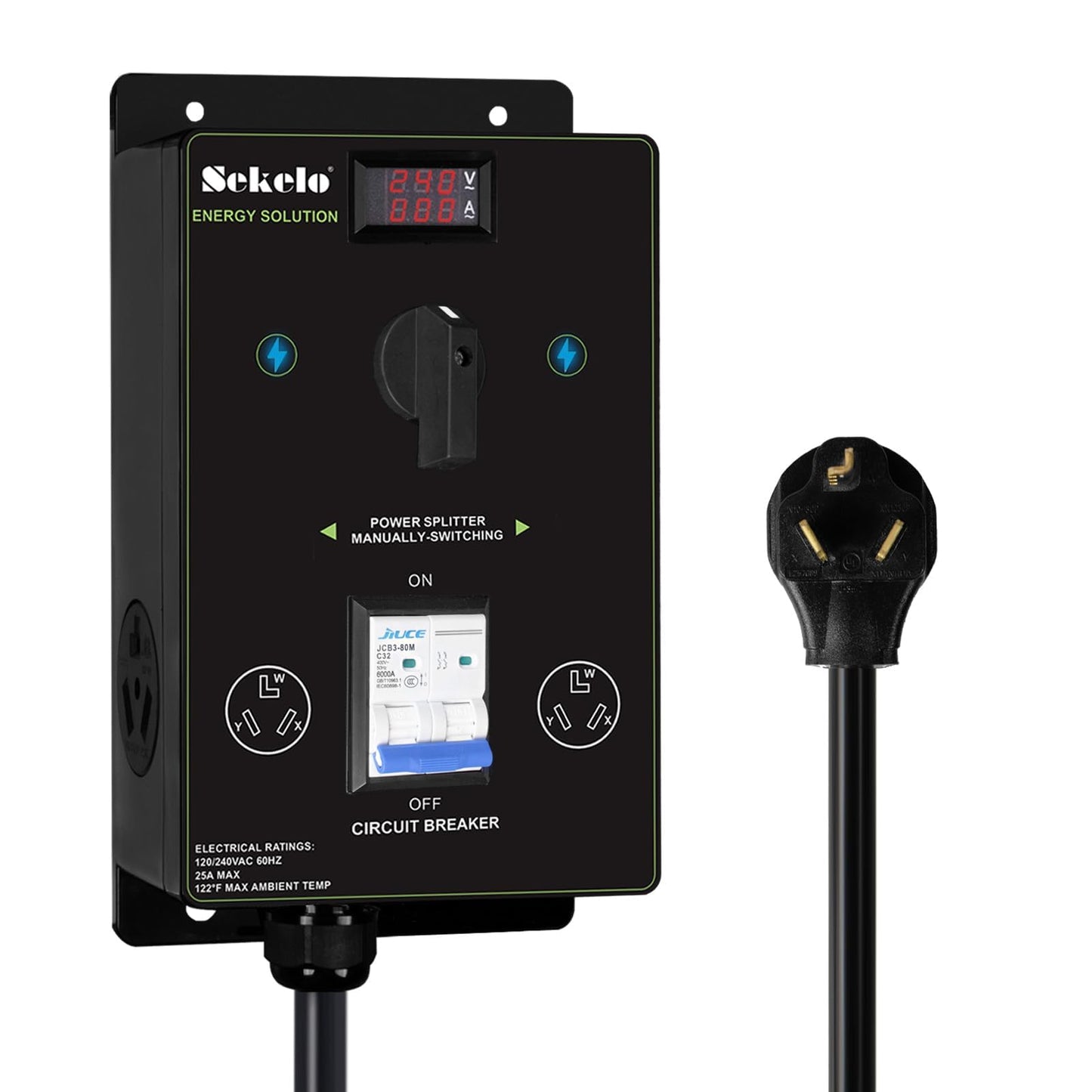 Manual EV Charging Switch for Dryer & EV, NEMA 10-30, 240V, 24A 5.76kW Max Power Splitter, with a Safety Breaker Switch, Hand-Operated Selector, Plug and Play