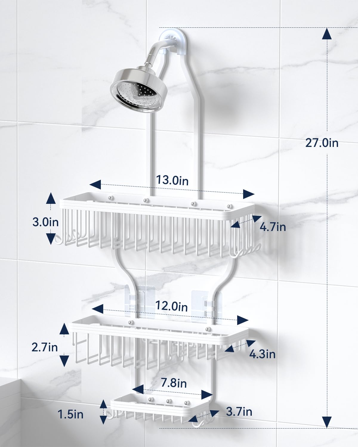 YASONIC Never-Rust Aluminum Hanging Shower Caddy – Over-the-Showerhead Organizer with 10 Hooks for Razor and Sponge – Includes Soap Basket – White