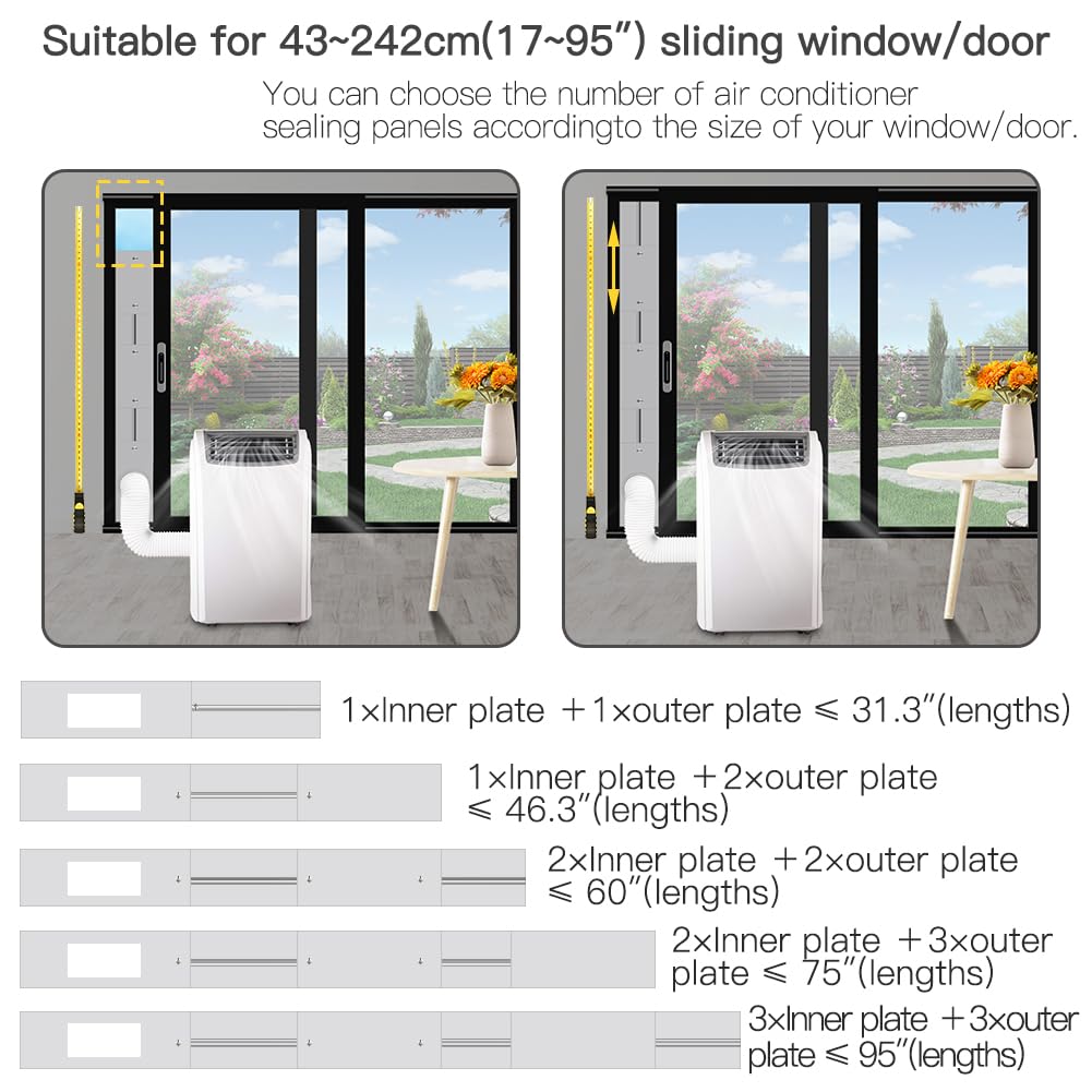 Gulrear Max 95"Sliding Door Air Conditioner Vent Kit with Screen net & 2 weather strippings Energy Saving Airtight Universal 5.0/5.9 Inch AC Hose Coupler Portable AC Balcony Door Plates kit