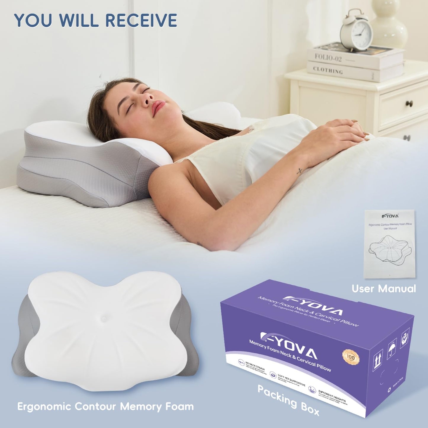 Fyova Cervical Neck Pillow, Ergonomic Memory Foam Pillows for Neck Pain Relief with Breathable Pillowcase, Adjustable Contour Neck Support Pillow for Side Back Stomach Sleepers, Odorless