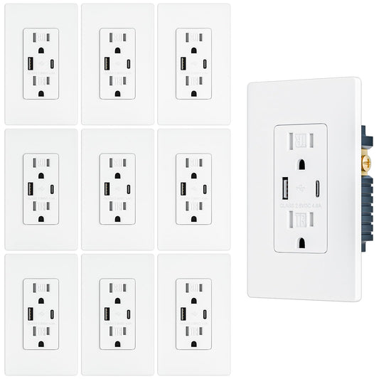 10 Pack - BRILLTECH 4.8A/24W USB Outlet, Wall Outlet with Type C & Type A Ports, 15 Amp Receptacle Plug, Tamper-Resistant Receptacle, Screwless Wall Plate Include, UL Listed, White