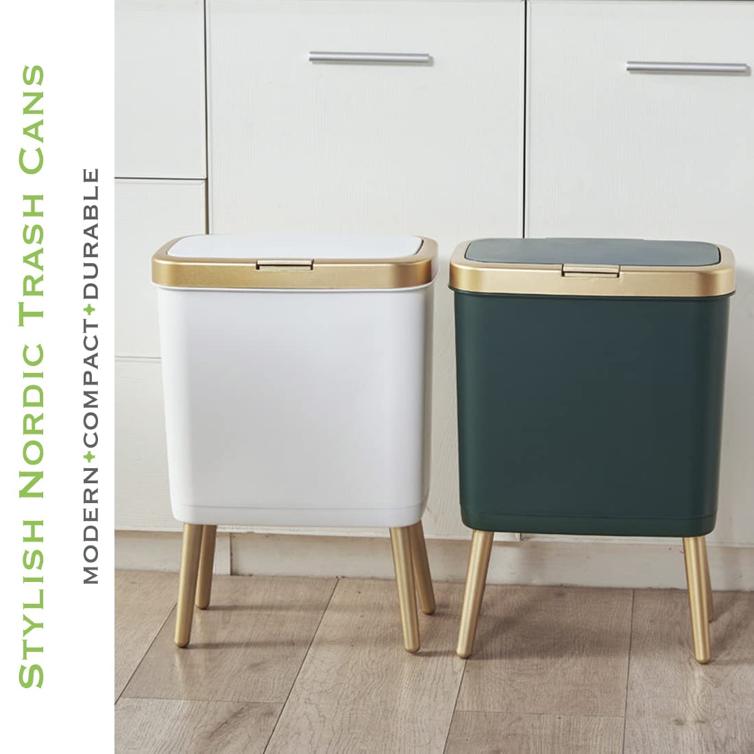 Procade Bathroom Trash Can with Lid, Plastic Garbage Can with Legs, 4 Gallon Gold Trash Bin with Push Button, Narrow White Trash Can Waste Basket for Bedroom, Living Room,Office,Dog Proof Trash Bin