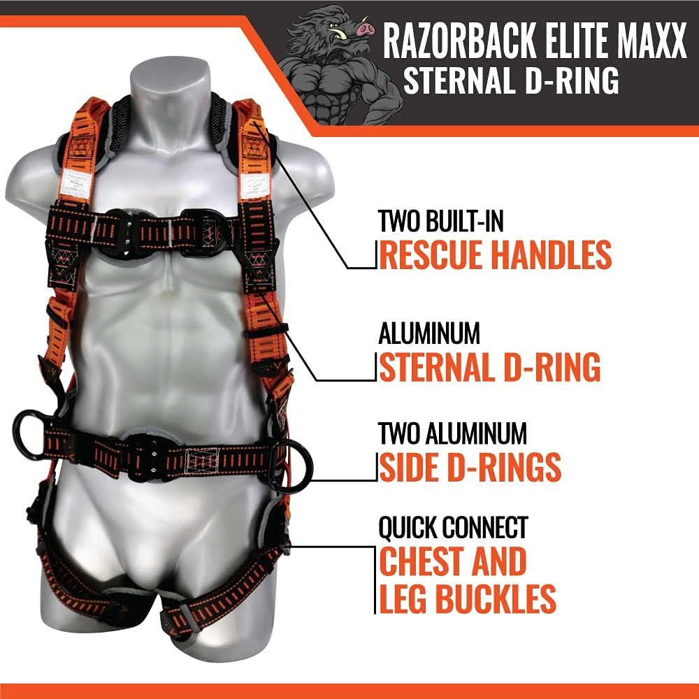 Malta Dynamics Razorback Elite MAXX - Safety Harness and Fall Protection Kit with Sewn in Lumbar Support Belt and Built-in Rescue Handles for Fall Arrest, OSHA & ANSI Compliant (Size)