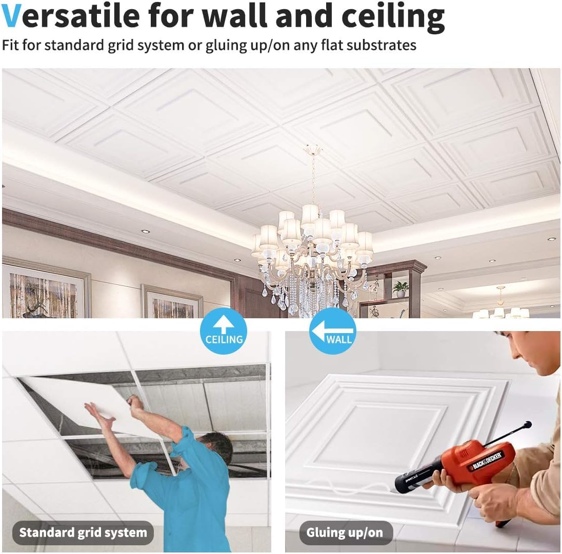 Art3d Drop Ceiling Tiles 24x24 Inch (12-Pack, 48 Sq.ft) – Glue Up PVC Ceiling Tiles 2x2 Ft., Decorative Ceiling Panels for Kitchen, Living Room, Office and Home, White