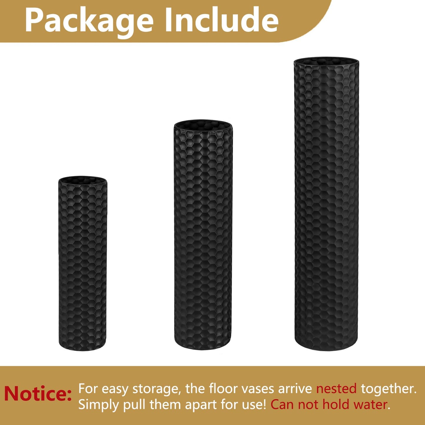 NOLIPED Black Tall Floor Vase - Set of 3 Extra Large Metal Decorative Vases for Living Room, 27.6" Long Modern Honeycomb Texture Big Cylinder Standing Corner Decor for Home Dining Bedroom Pampas Grass